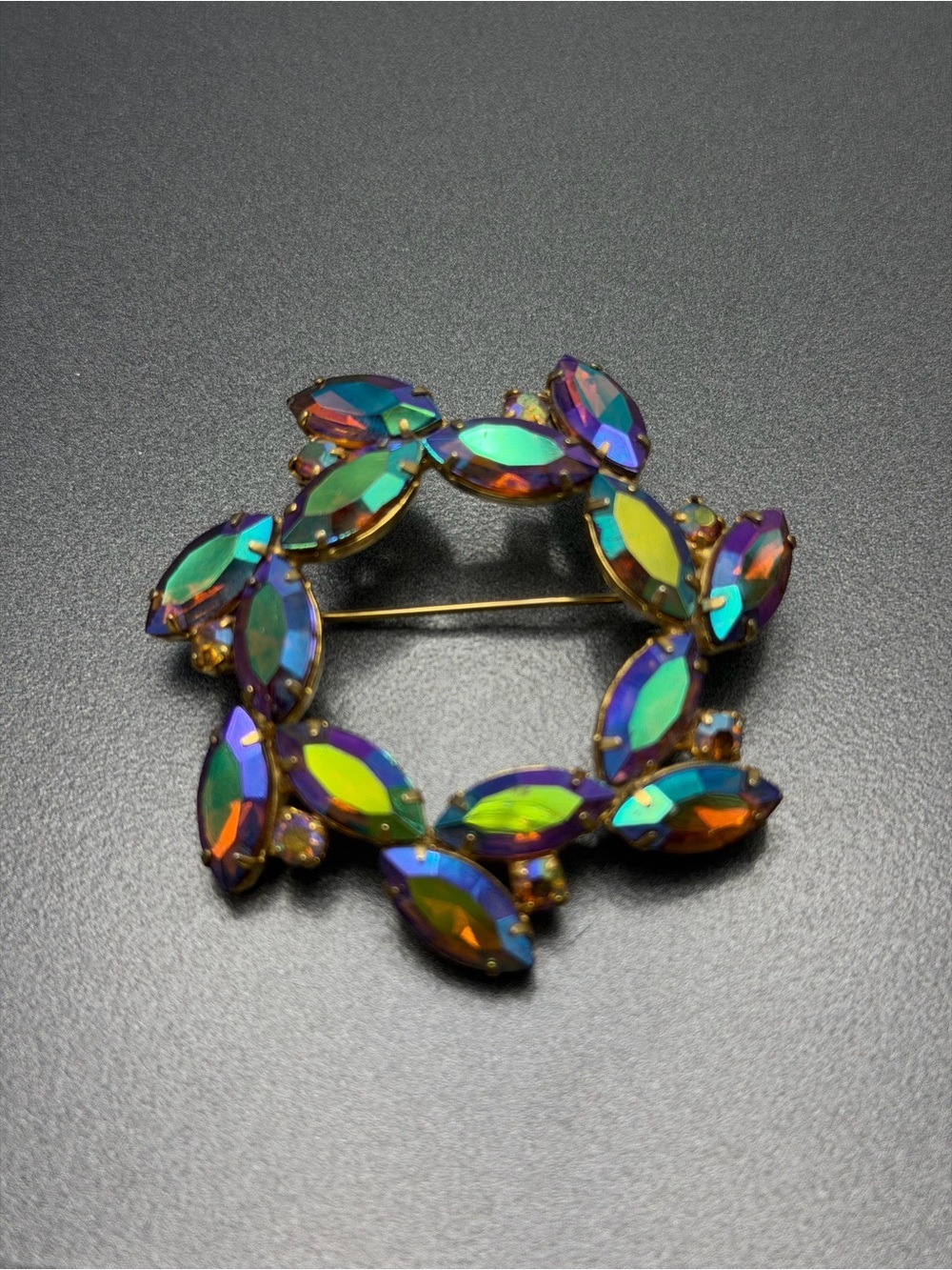 Vintage Aurora Borealis Marquise Rhinestone Wreath Brooch #cz122